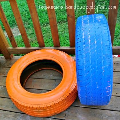 painted tires used for an obstacle course as outdoor games to burn off steam