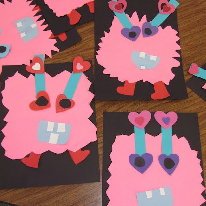 Love Monsters - cut out colored papers crafted into a monster-looking collage as valentines kid activities