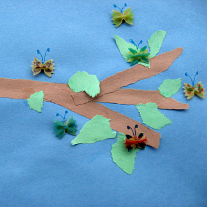 pasta and paper collage - image showing collage materials in different shapes and sizes and butterfly-inspired pasta