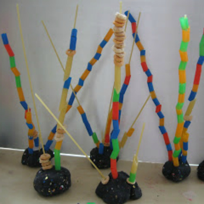 spaghetti towers - uncooled spaghetti mounted on playdough to create a tower effect