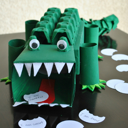 alligator affirmation box egg carton craft with positive words written on chomped egg carton