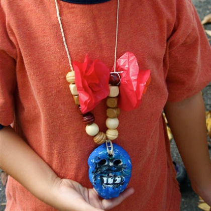 skull necklace. salt dough skull bead. day of the dead craft for kids.