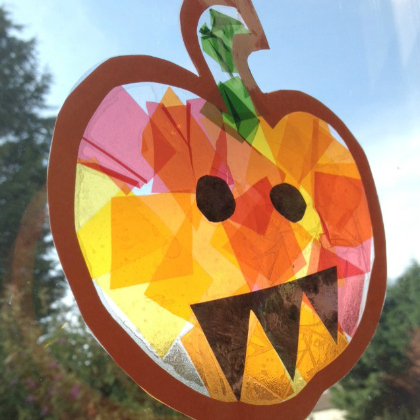 colorful jack-o-'lantern halloween stained glass made with tissue paper