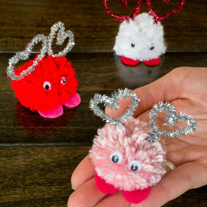 Valentine's Day Love Monster Pom Pom Craft for Kids- 2 cute pom pom craft in red, pink and white