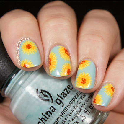 turquoise sunflowers, Spring Nails, nail art, nail art ideas for kids, cute nail art ideas, colorful nail art