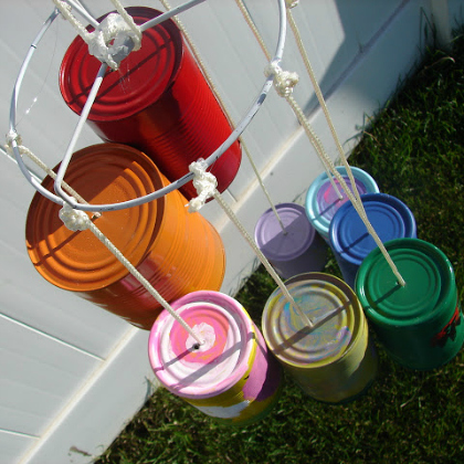 Easy Upcycled Colorful Rainbow Can Wind Chime Crafts for Kids made of recycled tin cans- Red, Orange, Pink, Yellow, Violet, Sky Blue, Blue and Green