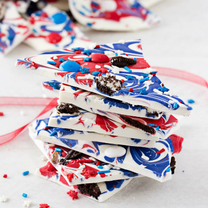 Red Blue White 4th of July No Bake Bark Chocolate Dessert Sweets Red, Blue and White. USA Flag. Memorial Day, Independence Day