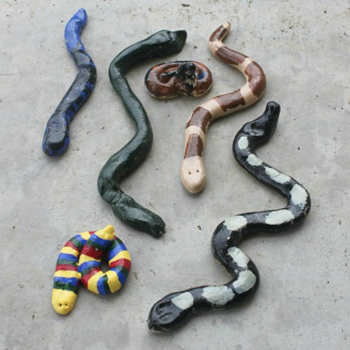 6 snakes made of saltdough and paint for a silly slumber party
