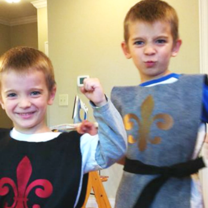 2 boys wearing DIY No Swe Knight Costumes for Slumber Party