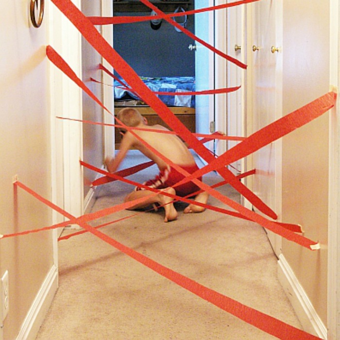 Silly and Crazy Obstacle Maze for a Slumber Party made of Crepe Paper and Tapes
