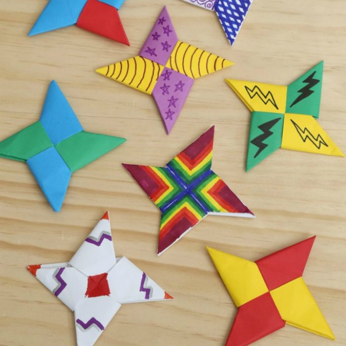 Colorful Ninja Throwing Stars Made of Colored Papers and Markers
