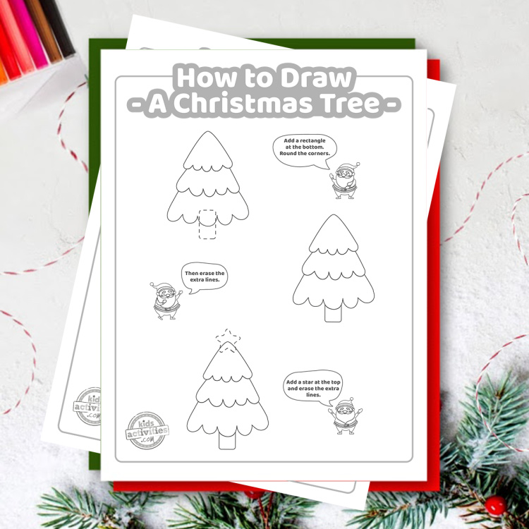 How to Draw Easy Christmas Tree Tutorial from Kids Activities Blog - Play Ideas - printed steps on how to draw an easy Christmas tree for kids shown on holiday background