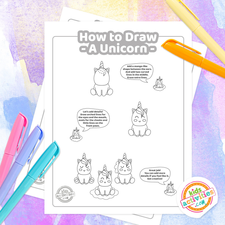 How to Draw Easy Unicorn Tutorial from Kids Activities Blog - Play Ideas - pdf of printed easy unicorn drawing steps on soft pastel colors