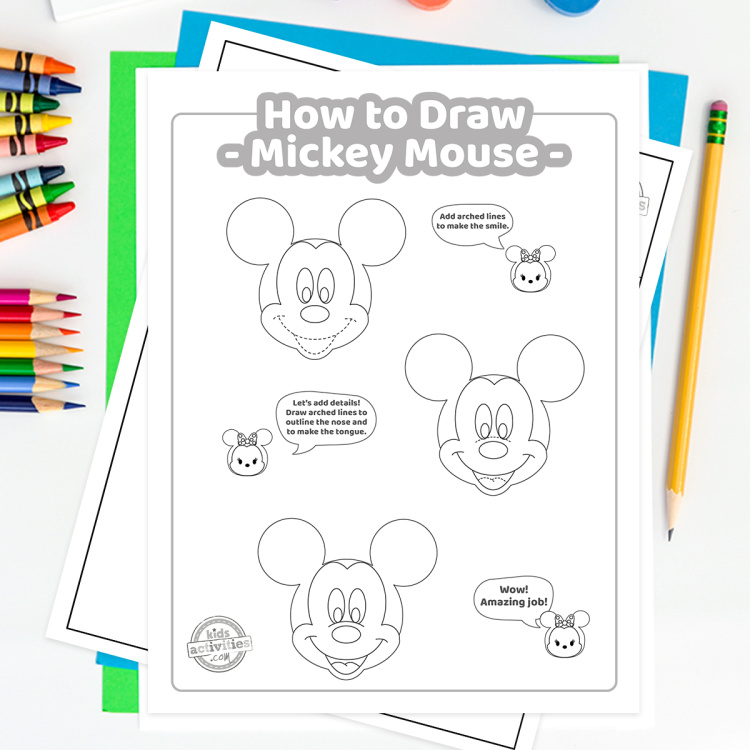 Shown is pdf guide on simple steps how to draw Mickey Mouse from Kids Activities Blog