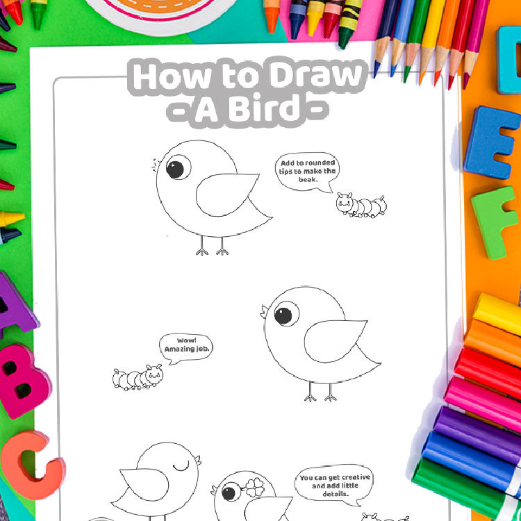 How to draw a bird - pdf instructions step by step for kids to make their own bird drawing from Kids Activities Blog pdf file shown of last few steps