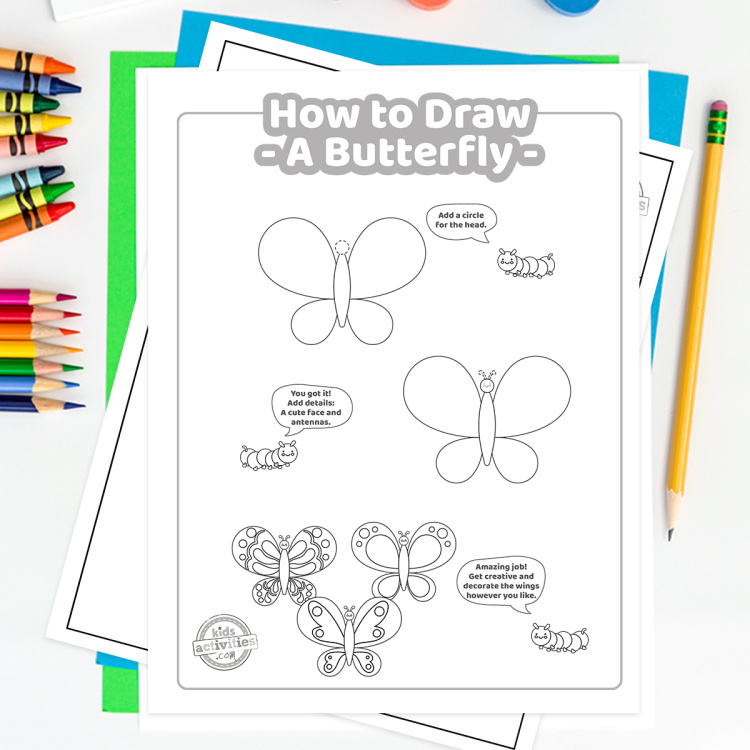 How to Draw a Butterfly Tutorial from Kids Activities Blog - Play Ideas - final steps shown on printed pdf drawing lesson of steps to draw a butterfly