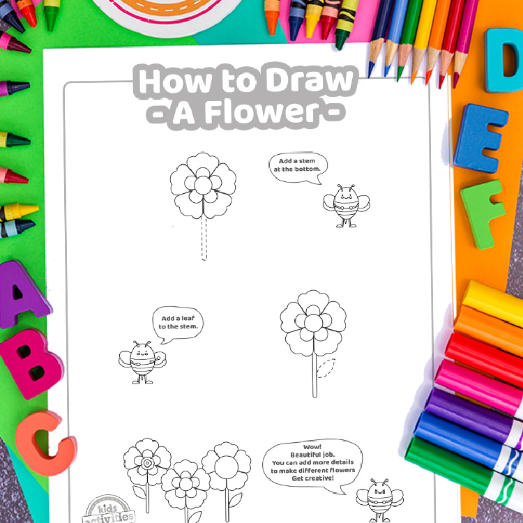 How to Draw a Flower Tutorial from Kids Activities Blog - Play Ideas - easy flower drawing steps shown on printed pdf with colorful art supplies
