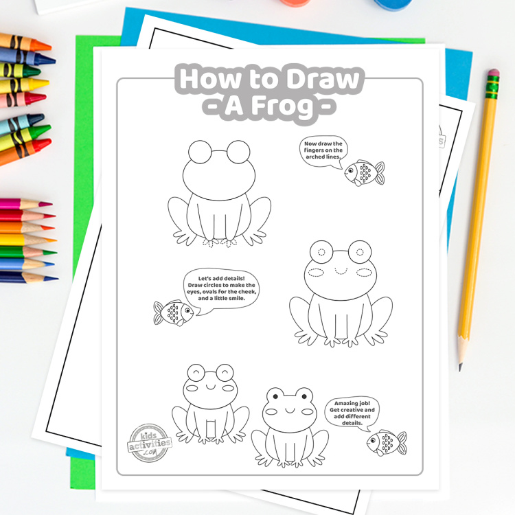 How to Draw a Frog Tutorial from Kids Activities Blog - Play Ideas - pdf file printed on regular paper and shown on a white background with steps to make your own frog drawing
