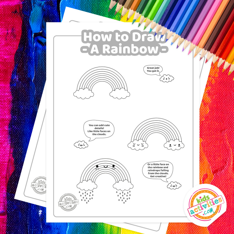 How to Draw a Rainbow Tutorial from Kids Activities Blog - Play Ideas - pdf printable shown with simple steps to making your own rainbow drawing on a colorful background with colored pencils